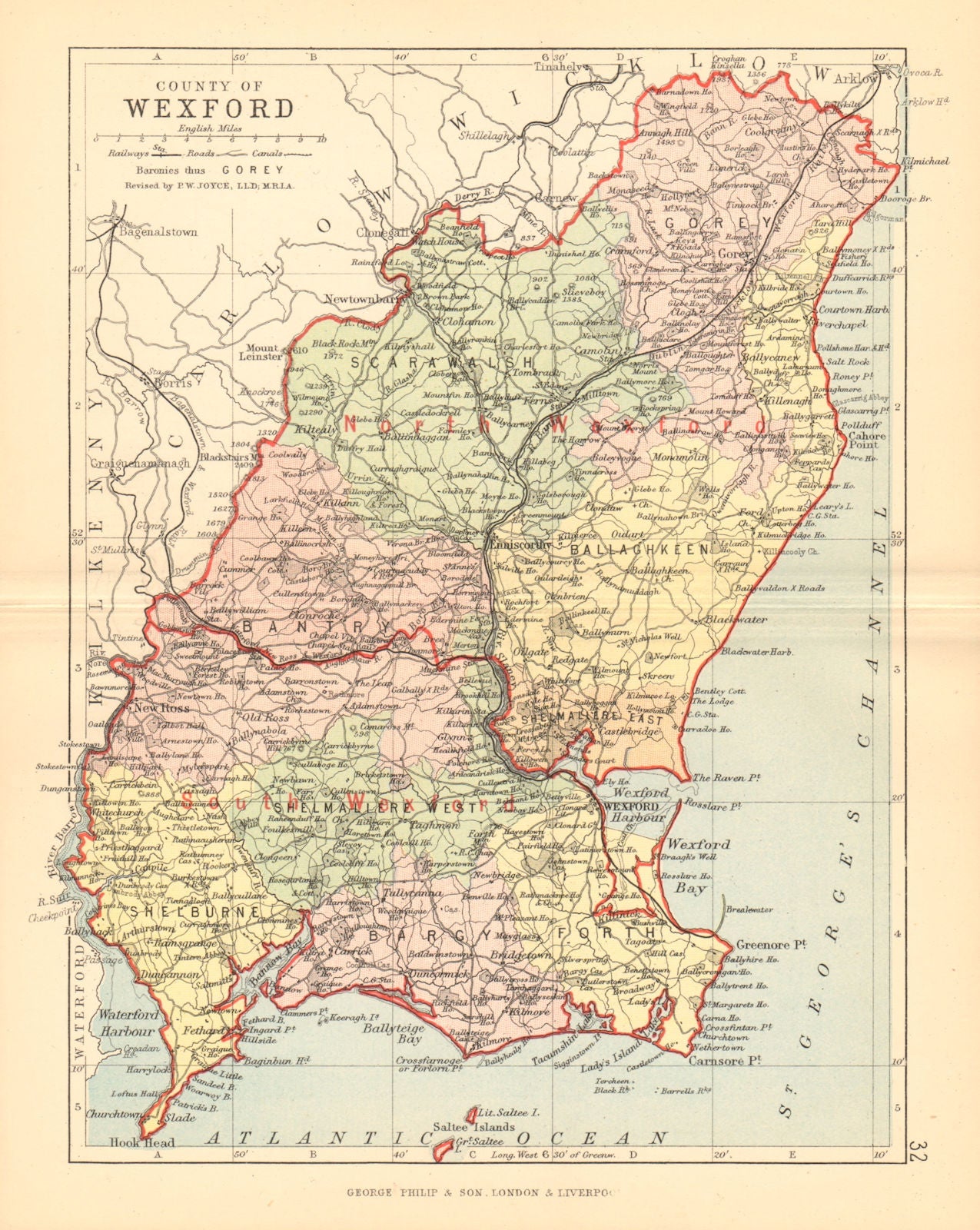 COUNTY WEXFORD. Antique county map. Leinster. Ireland. BARTHOLOMEW 1886